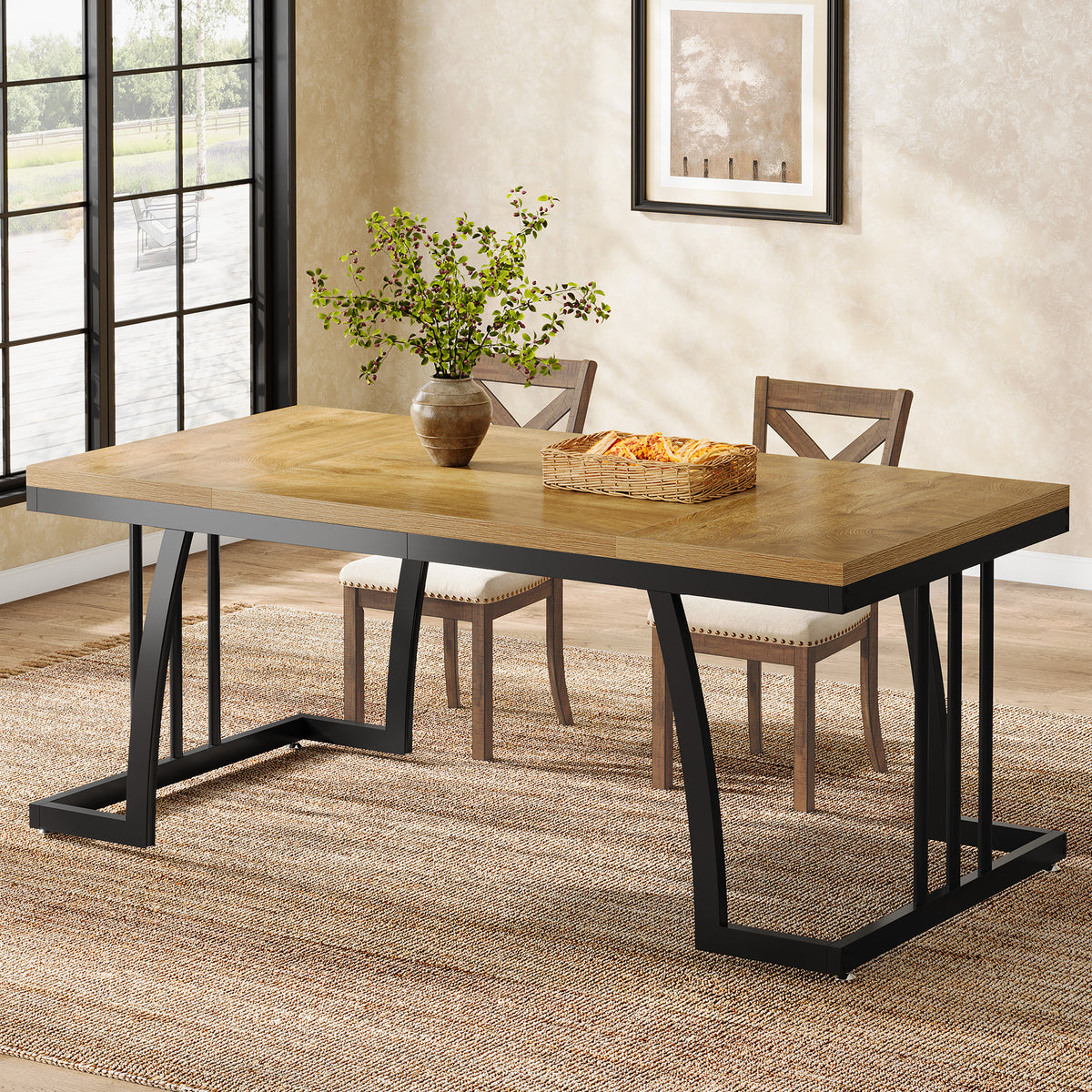 6-Seater Rustic Dining Table, 63" Rectangular Wood Table with Metal Frame for Dining Room