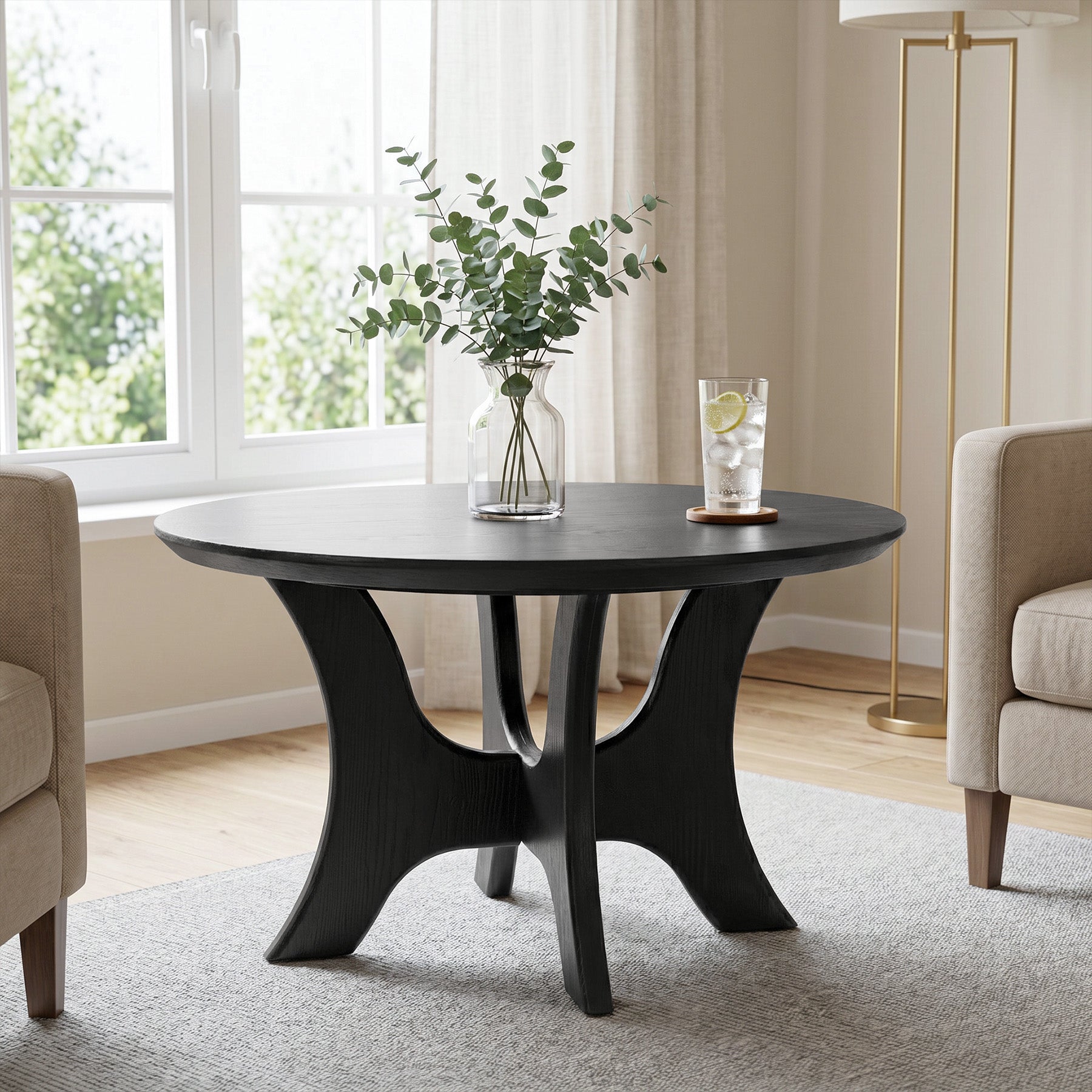 Tribesigns 31.1 Inch Round Coffee Table with Cross Base, Modern Black Table for Living Room
