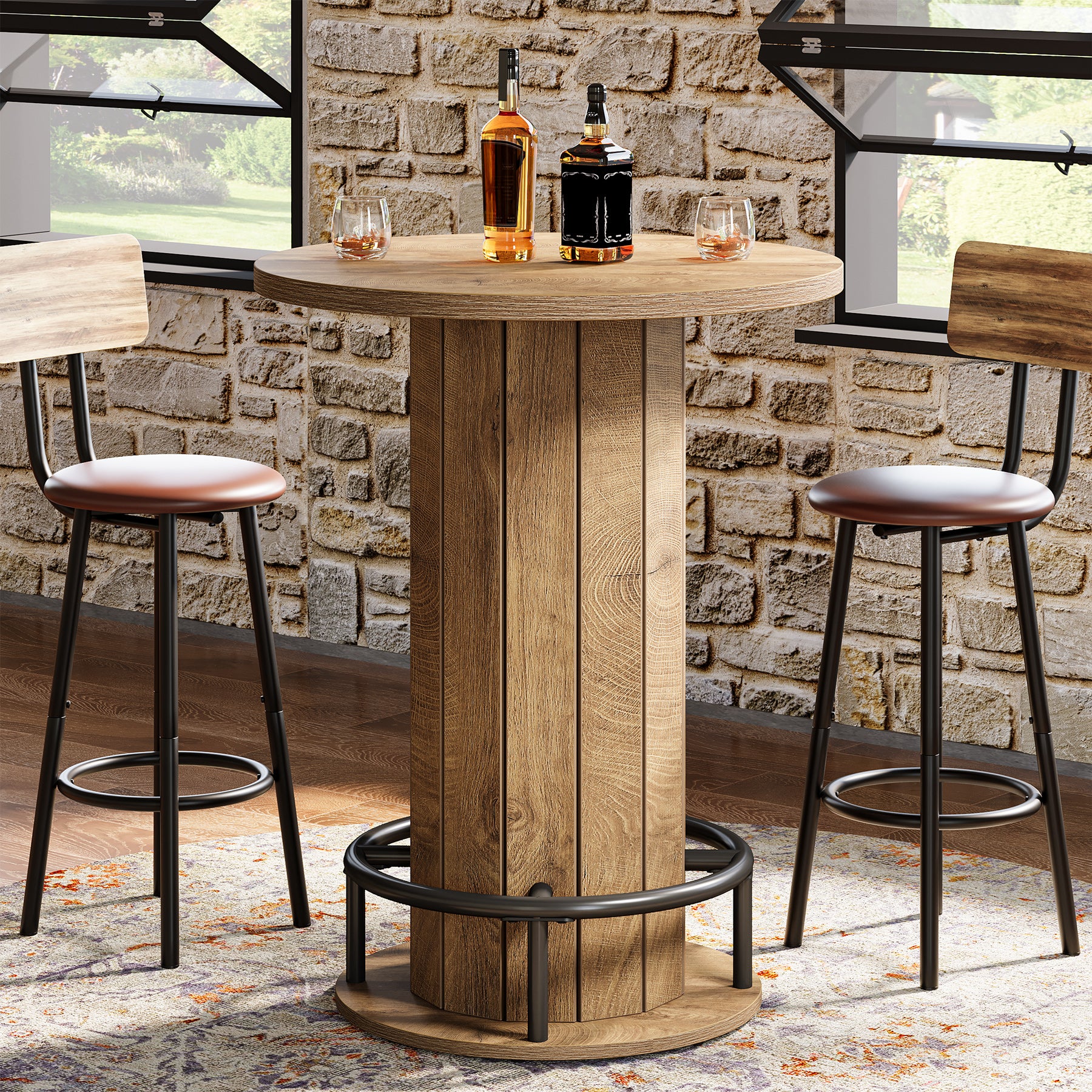 39.4" Round Wood Bar Table, Metal Ring Footrest for Dining & Living