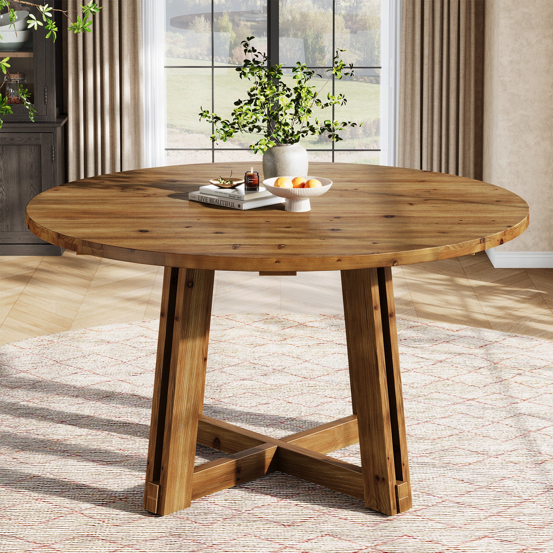 Tribesigns 47.3-Inch Solid Wood Round Dining Table for 4-6 People, Farmhouse Kitchen Table with Cross-Shaped Base for Dining Room