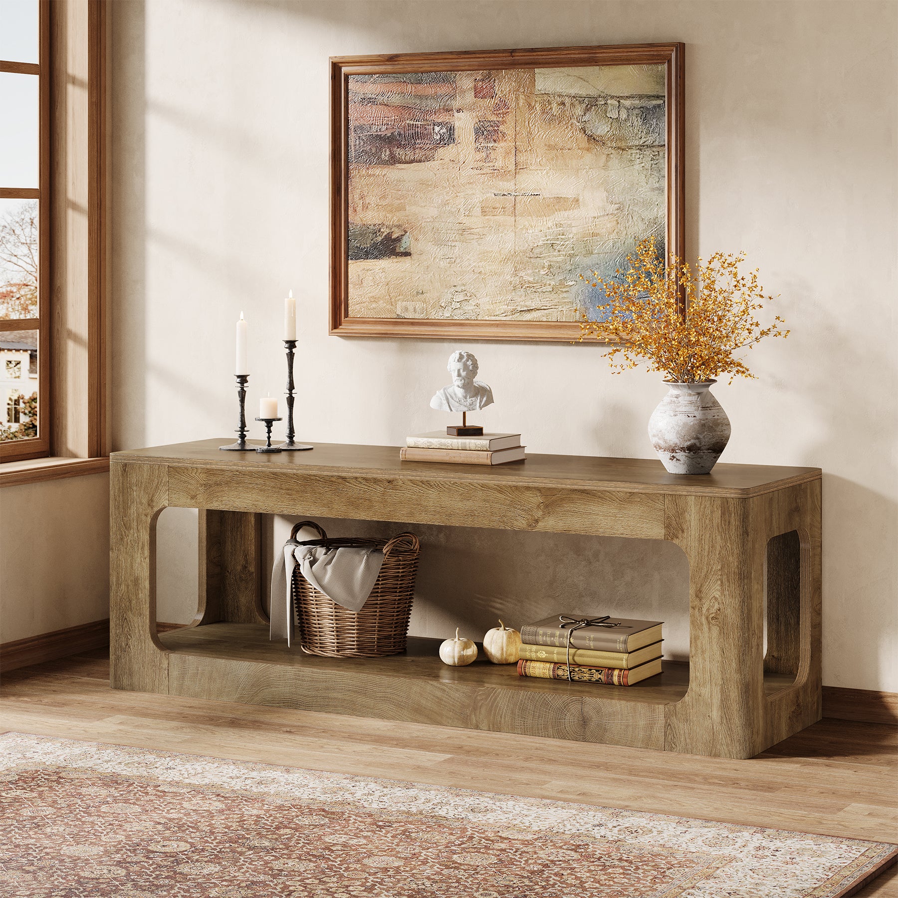 Tribesigns 63-Inch Farmhouse Console Table with Circle Design, 2-Tier Entryway Table for Hallway