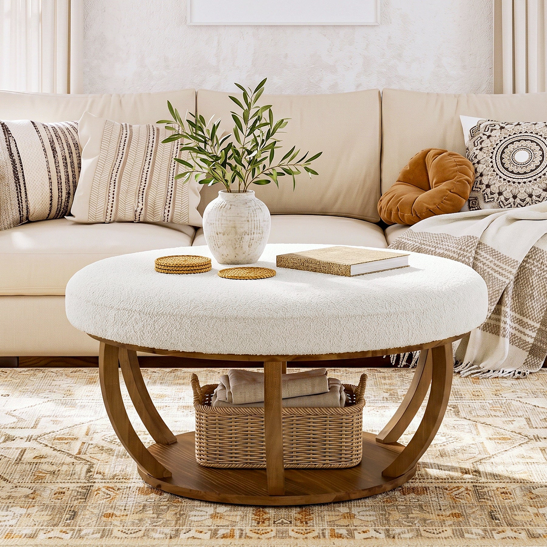 31.5-Inch Round Ottoman Coffee Table, Upholstered Storage Footrest Table
