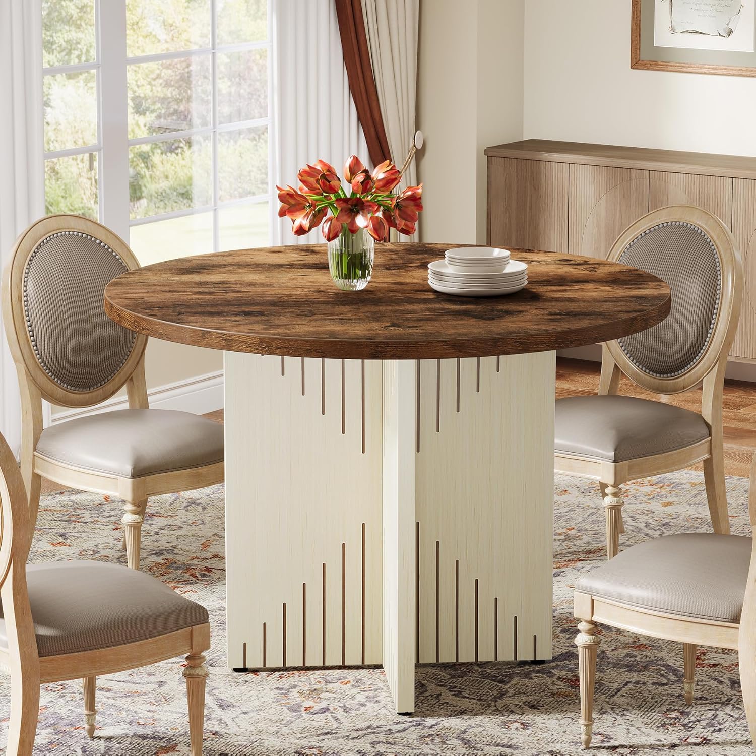 39" Round Farmhouse Dining Table for 4 with Pedestal Base - All Wood Kitchen Table in Brown & Beige