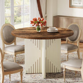 39" Round Farmhouse Dining Table for 4 with Pedestal Base - All Wood Kitchen Table in Brown & Beige 3