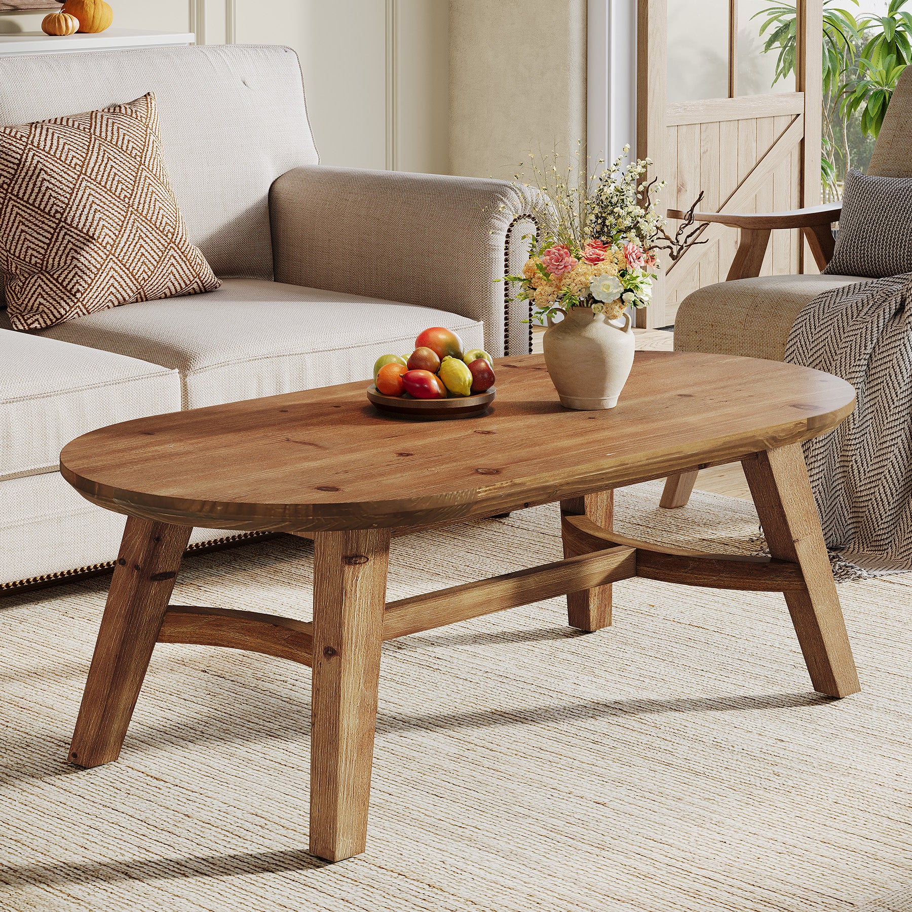 Tribesigns 47.2-Inch Oval Coffee Table, Solid Wood Living Room Table with Rustic Pine Finish for Modern Center Accent