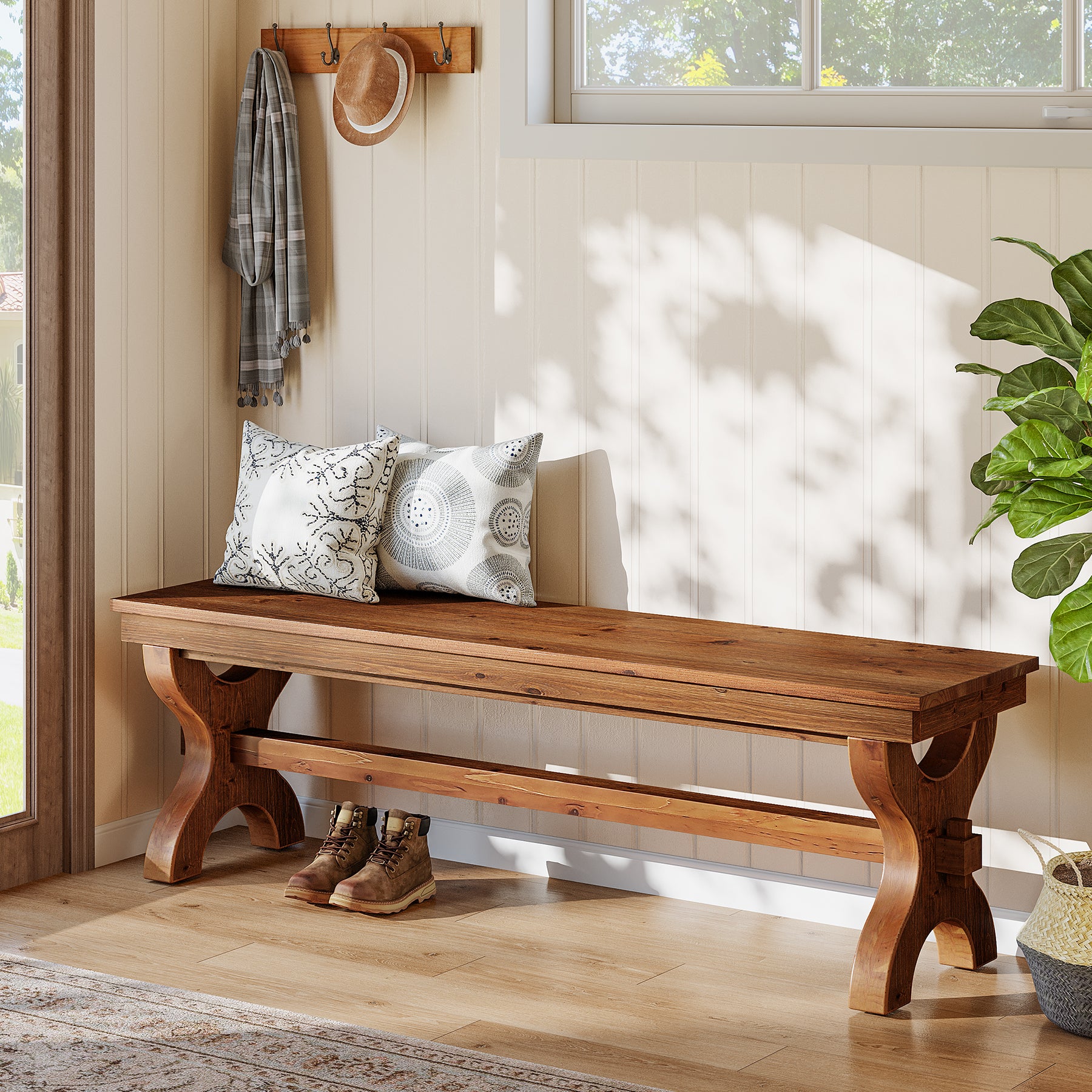 55 Inch Solid Wood Entryway Bench for 2, Farmhouse Narrow Seat for Hallway and Bedroom