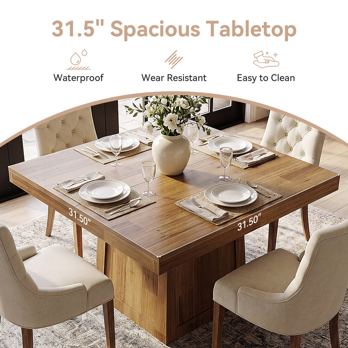 Tribesigns 31.5 Inch Square Dining Table for 2-4, Walnut Kitchen Table with Trapezoid Base for Small Spaces