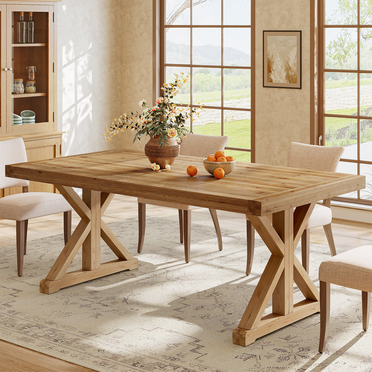 63 Inch Solid Wood Dining Table for 4-6, Farmhouse Kitchen Table with X-Shaped Legs for Dining Room