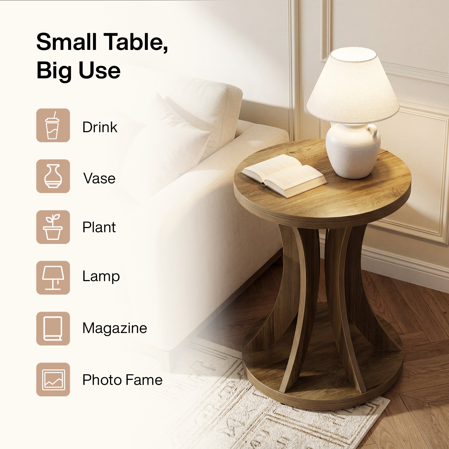 17.72 Inch Round Side Table, Farmhouse End Table with Curved Frame and Storage for Living Room