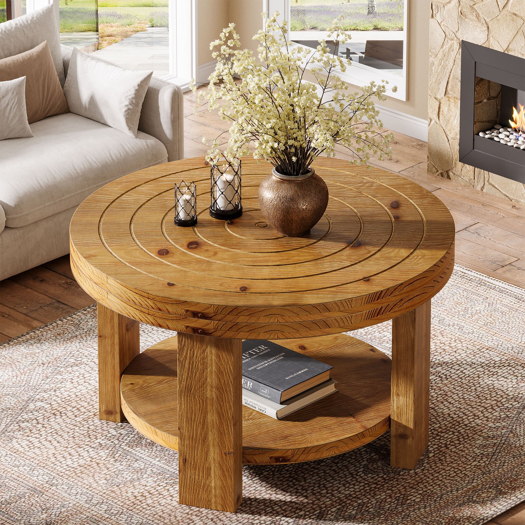 31.5-Inch Round Coffee Table, Farmhouse Solid Wood 2-Tier Storage Accent Table with Boho Design