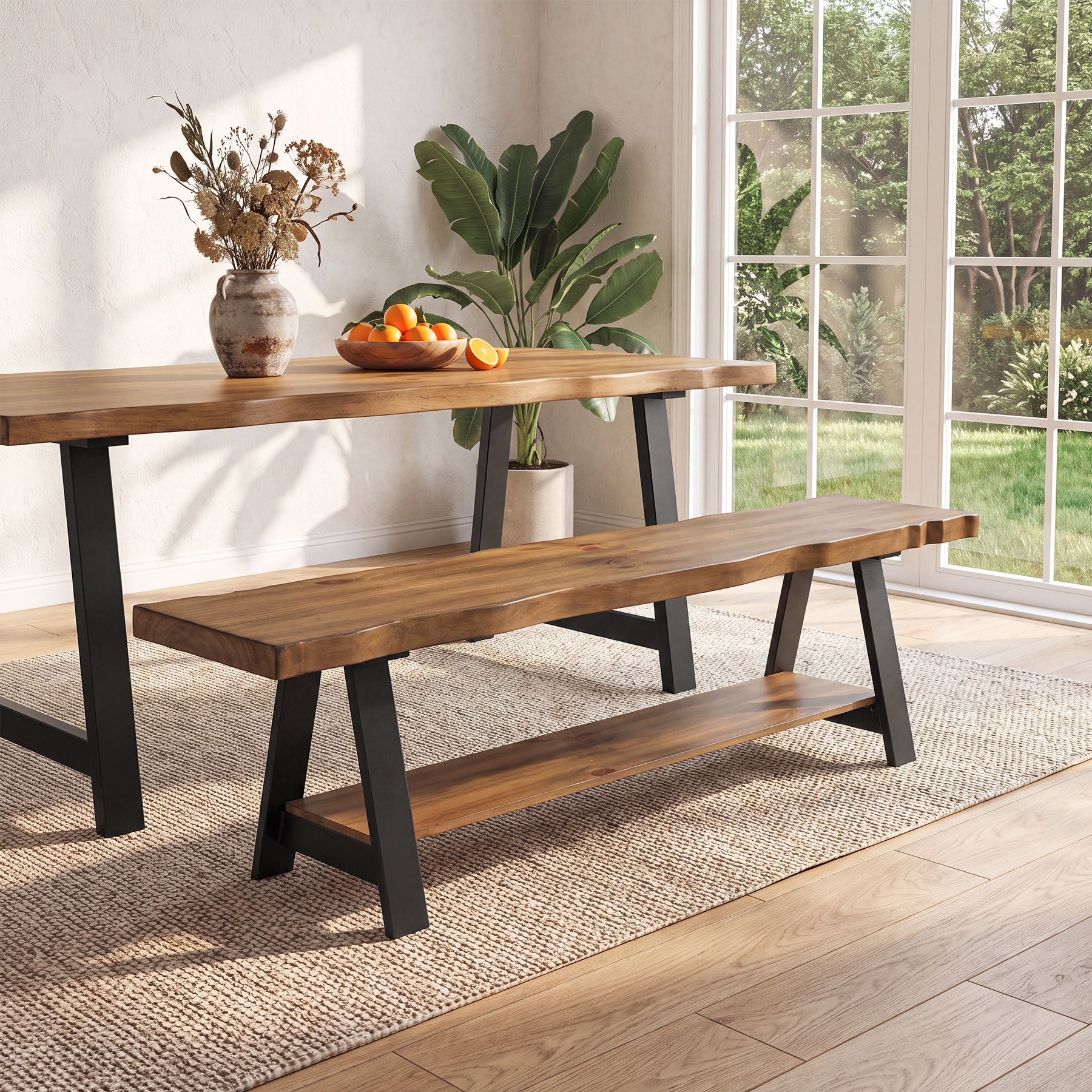 55" Solid Wood Dining Bench with Live Edge & Metal Frame, Kitchen & Dining Room