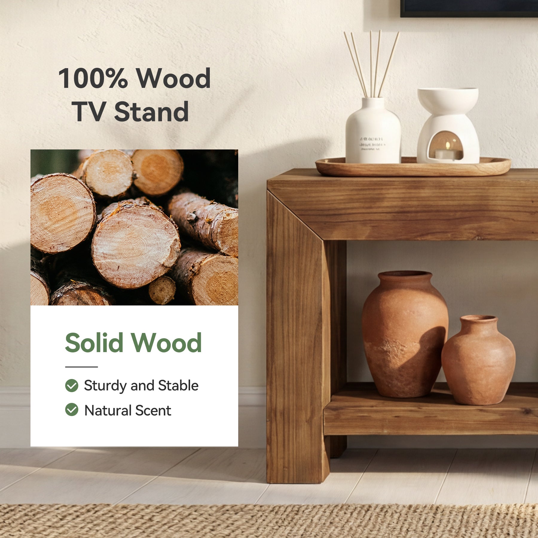 Tribesigns 63-Inch Solid Wood TV Stand for TVs up to 75 Inches with 2-Tier Open Storage Shelves