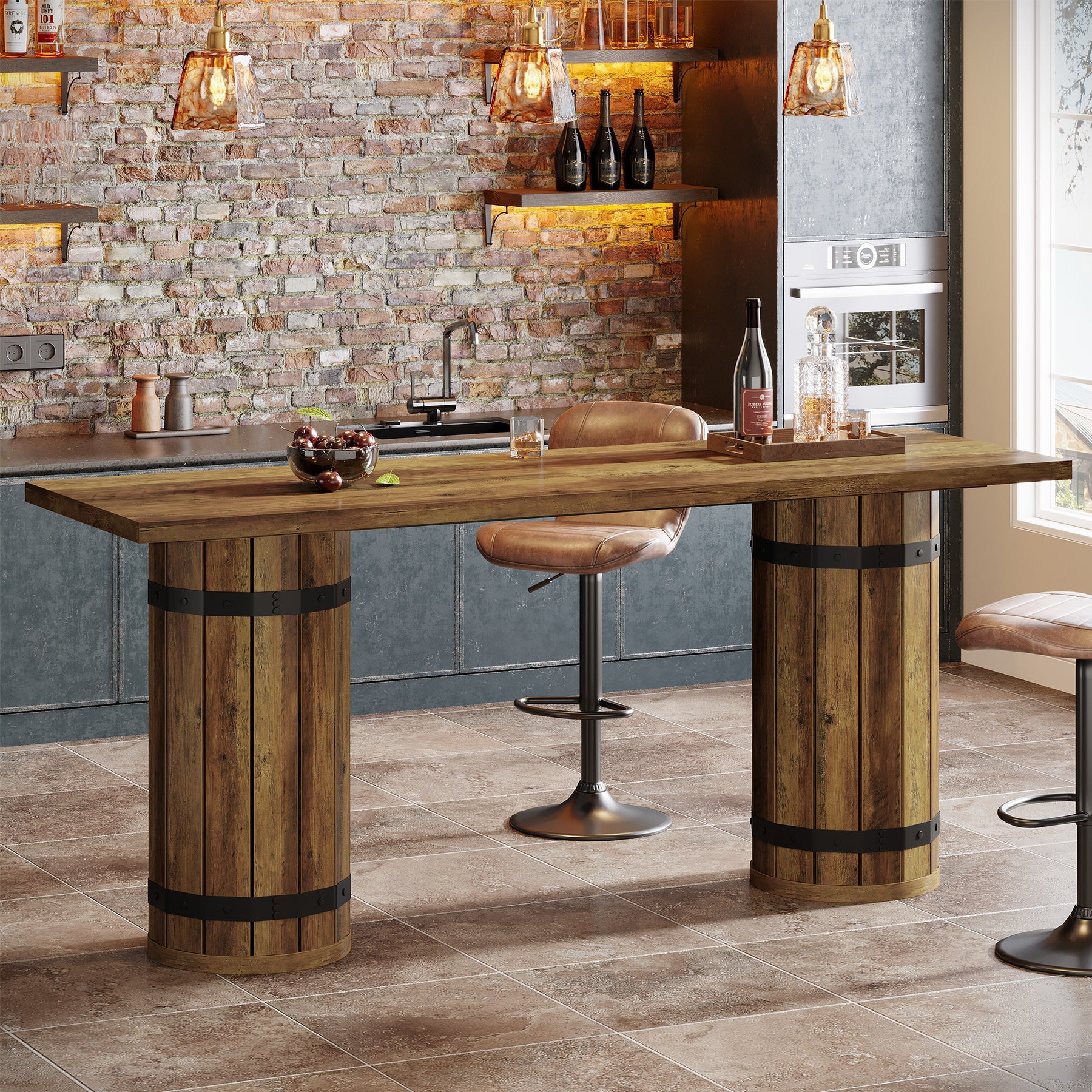 70.9-Inch Long Bar Table with Slatted Base, Rectangular Counter Height Pub Table