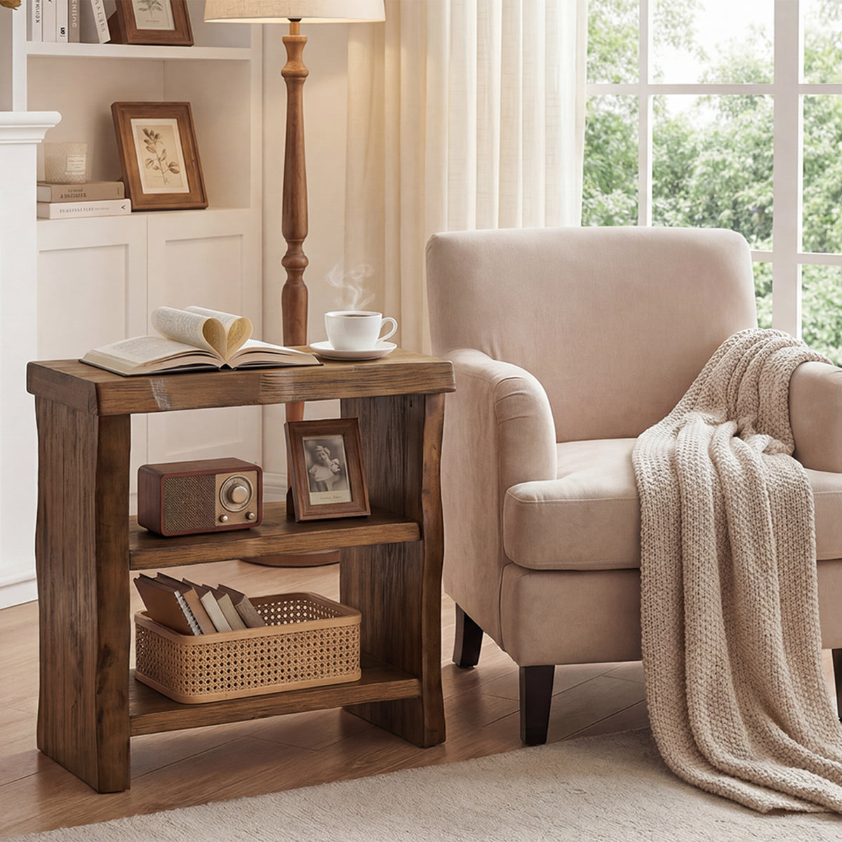 23.62 Inch Solid Wood End Table with 3-Tier Storage Shelves and Live-Edge Design, Narrow Side Table for Living Room