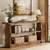 63-Inch Solid Wood Console Table with 3-Tier Open Storage, Rustic Pinewood Entryway Table for Hallway 3