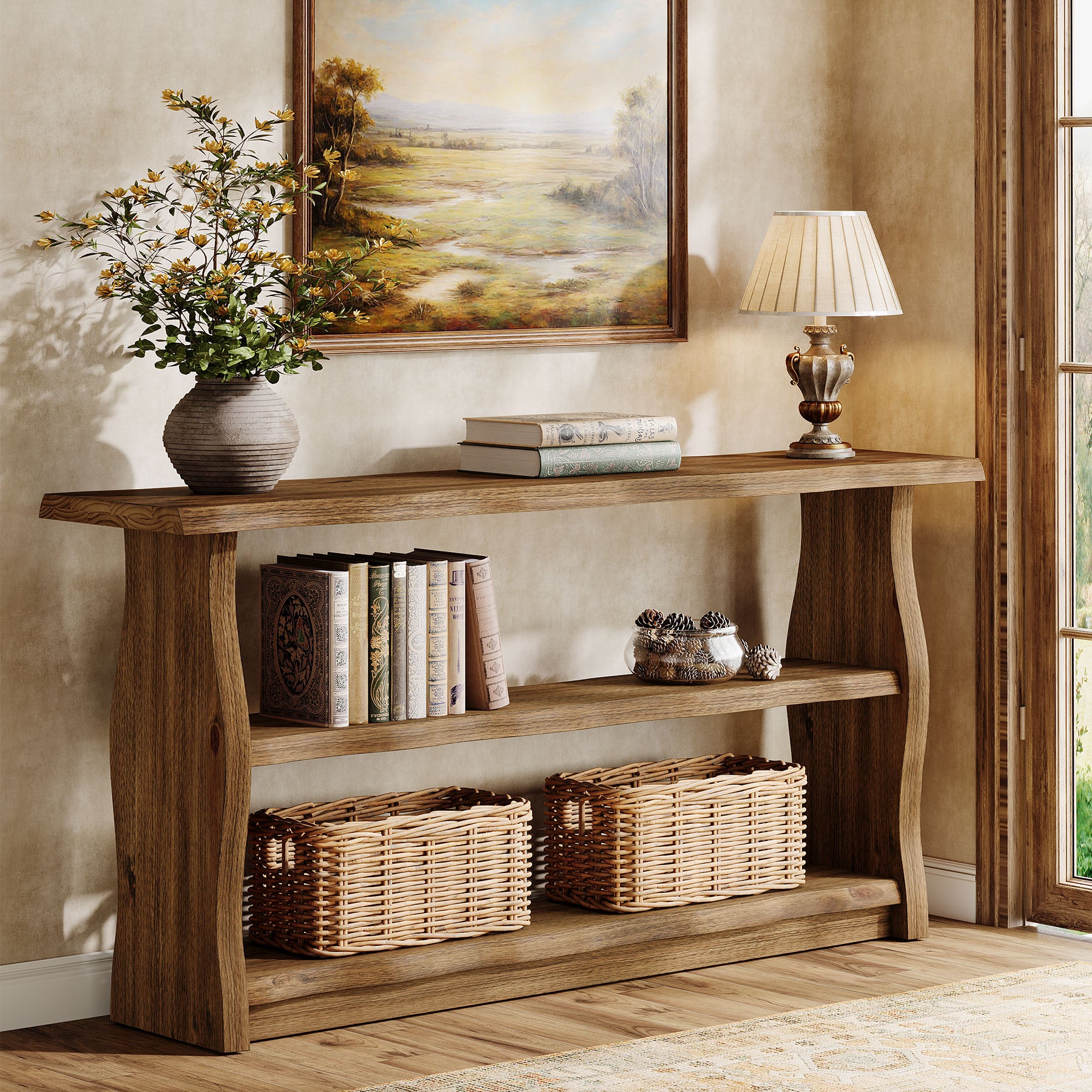 63-Inch Solid Wood Console Table with 3-Tier Open Storage, Rustic Pinewood Entryway Table for Hallway