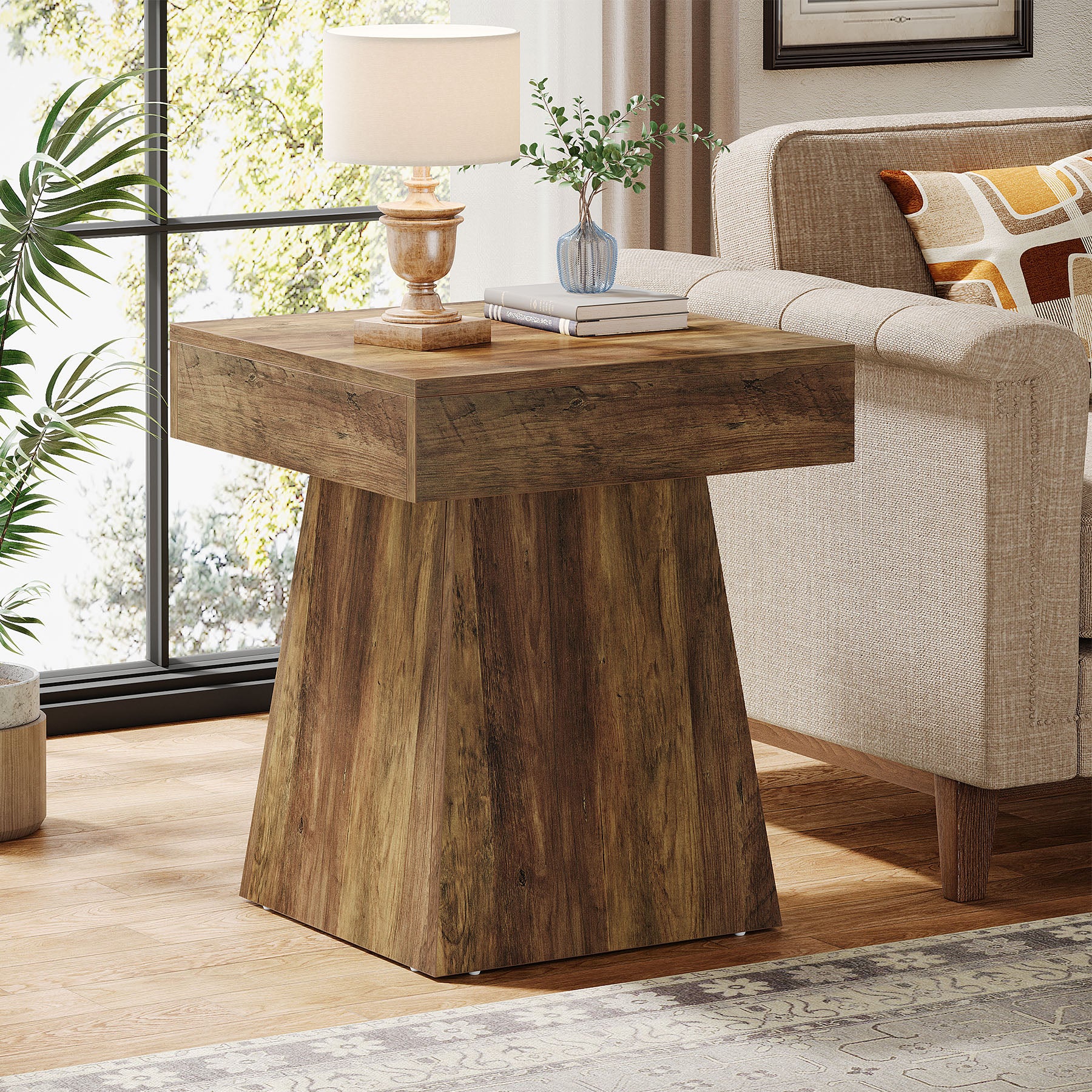 Tribesigns 15.8-Inch Square Side Table, Mushroom-Inspired Wide Stable Base with Rustic Finish