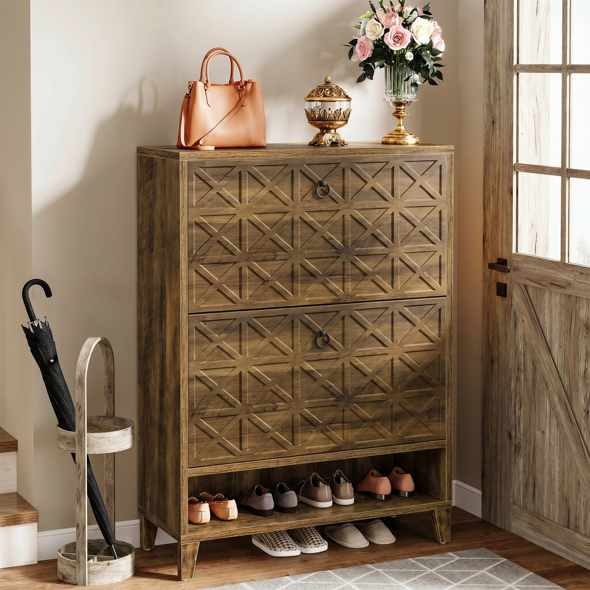 Tribesigns 43.3 Inch Shoe Cabinet with 2 Flip Drawers and Open Shelf, Entryway Shoe Storage for Hallway