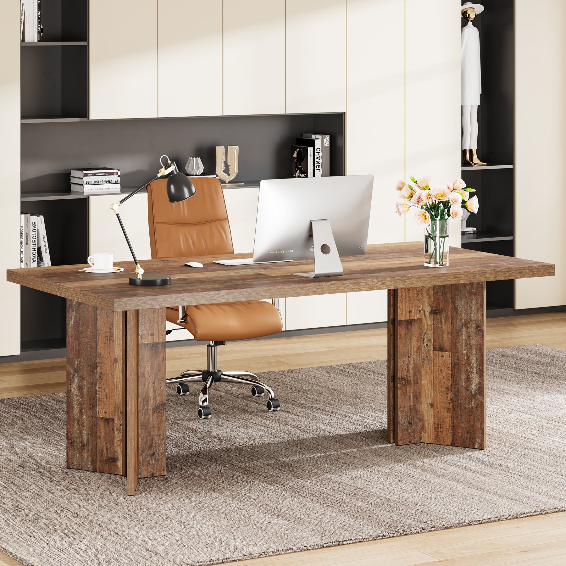 63" Wood Executive Desk, Farmhouse Computer Desk with Large Tabletop