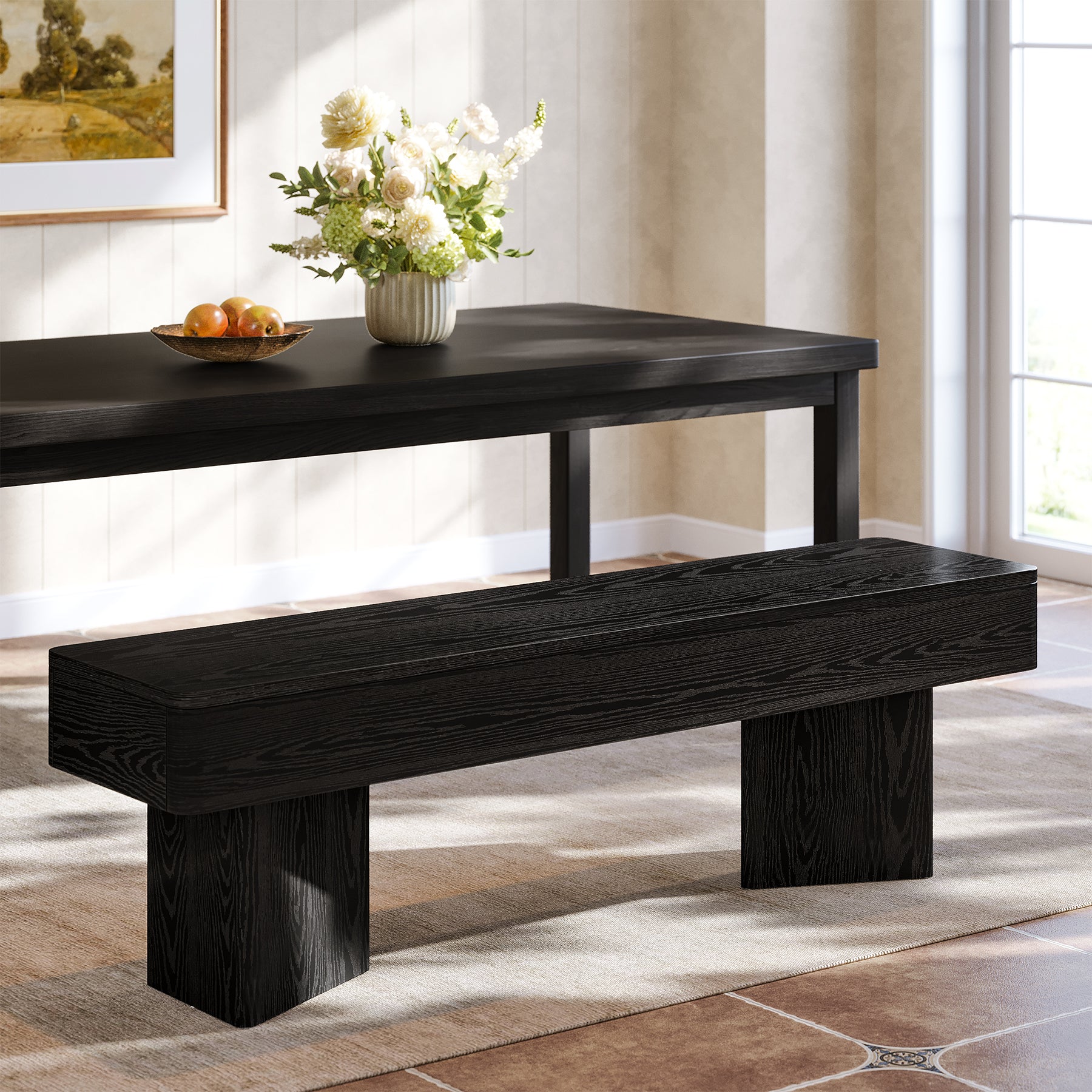47.24-Inch Black Kitchen Table Bench with Rounded Edges, Modern Dining Bench for Dining Room