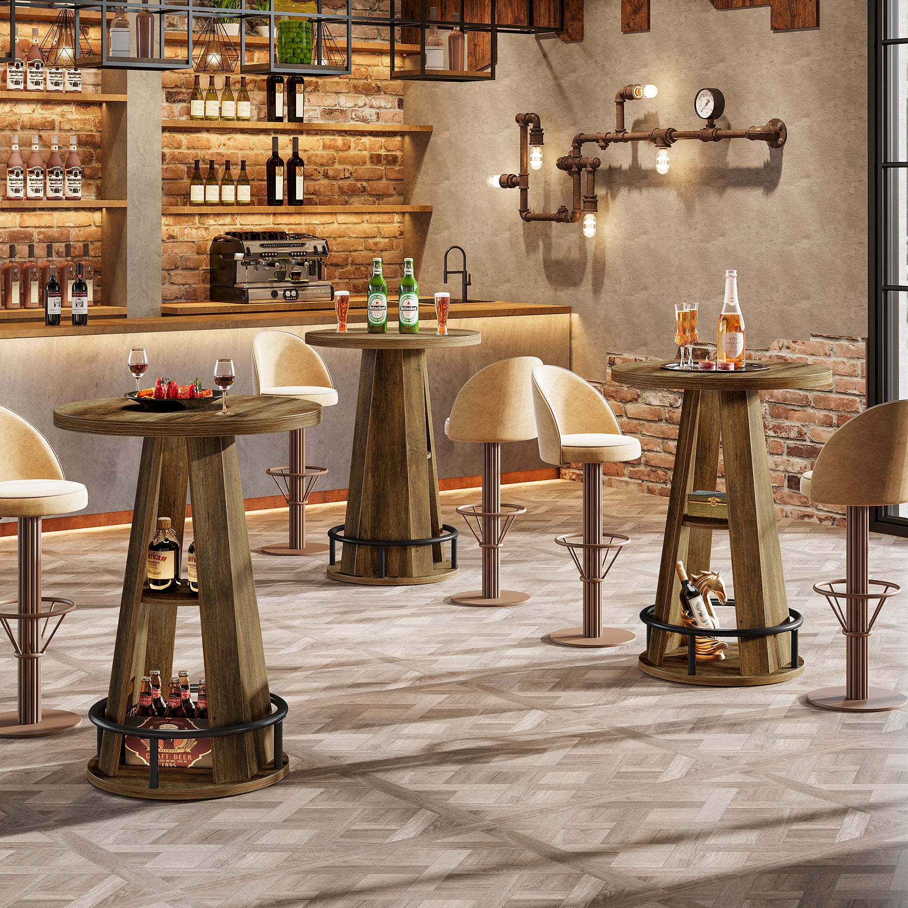 39.4-Inch Round Bar Table, High Top Industrial Bistro Table with Storage and Metal Footrest