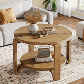 30" Solid Wood Round Coffee Table, Two-Tier Farmhouse Center Table with Natural Texture in Warm Brown 3