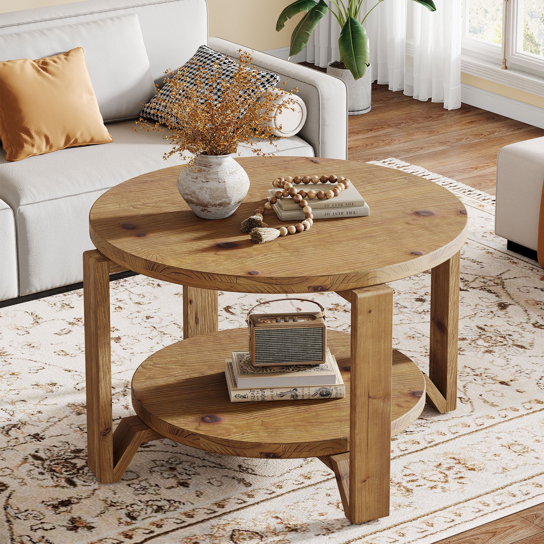30" Solid Wood Round Coffee Table, Two-Tier Farmhouse Center Table with Natural Texture in Warm Brown