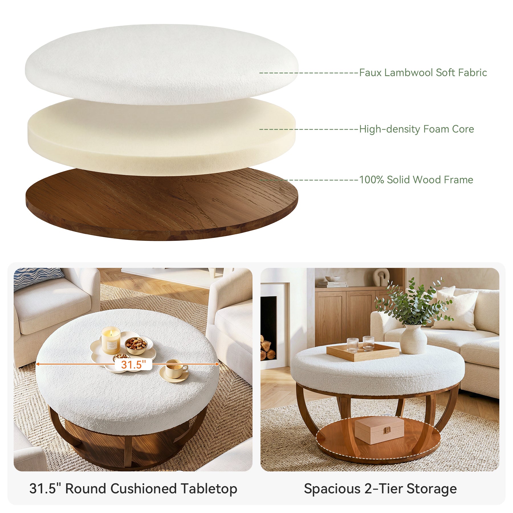 31.5-Inch Round Ottoman Coffee Table, Upholstered Storage Footrest Table