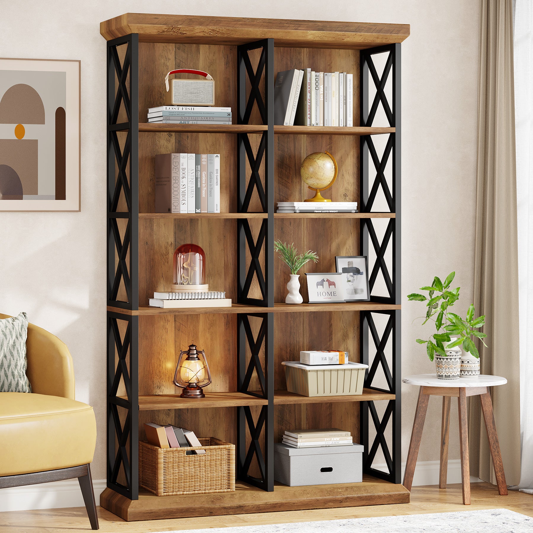 Tribesigns 75-Inch Tall Double Wide Bookcase, 6-Tier Industrial Bookshelf with X-Pattern Frame