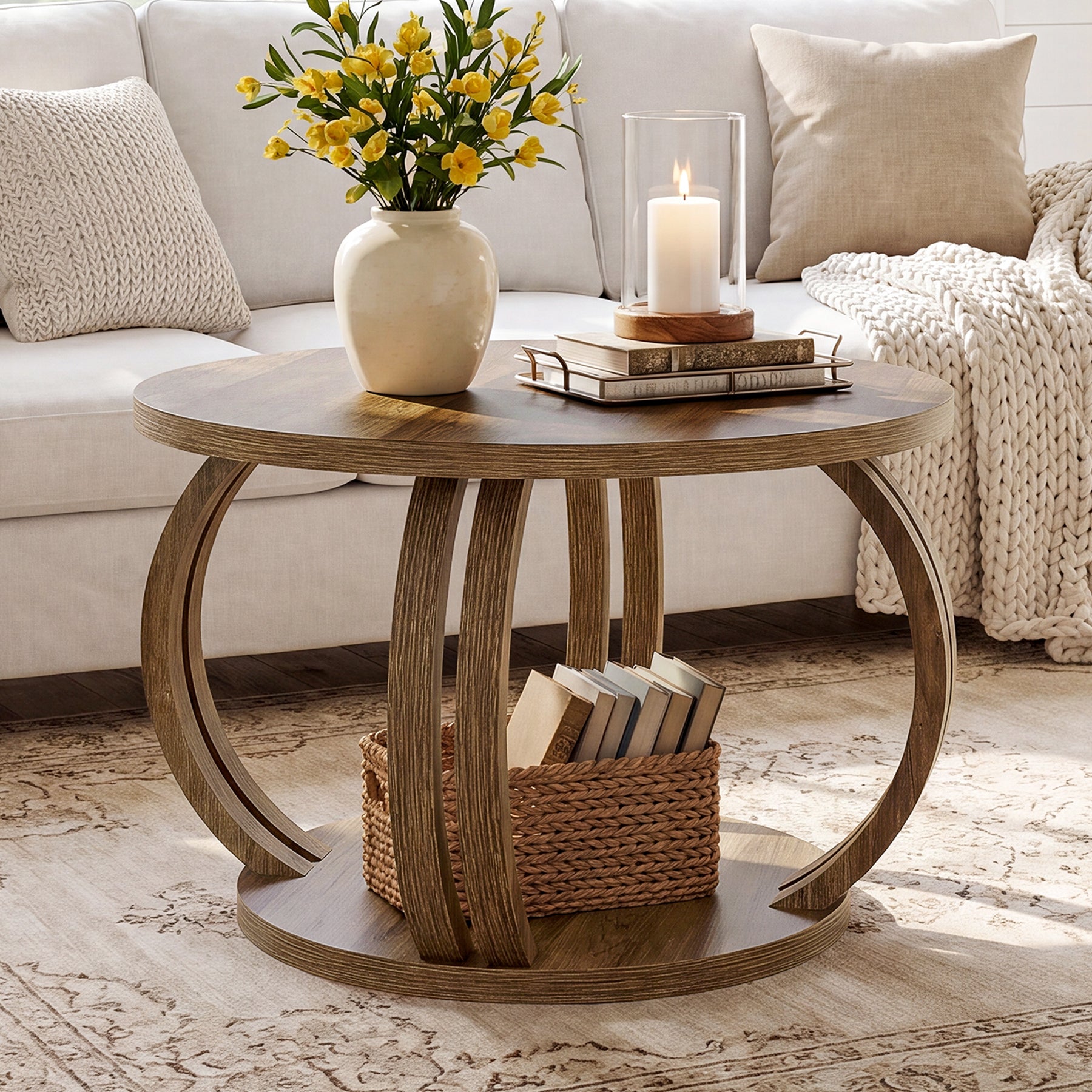 Tribesigns 31.5 Inch Round Coffee Table with Storage, Sculptural Curved Base for Living Room