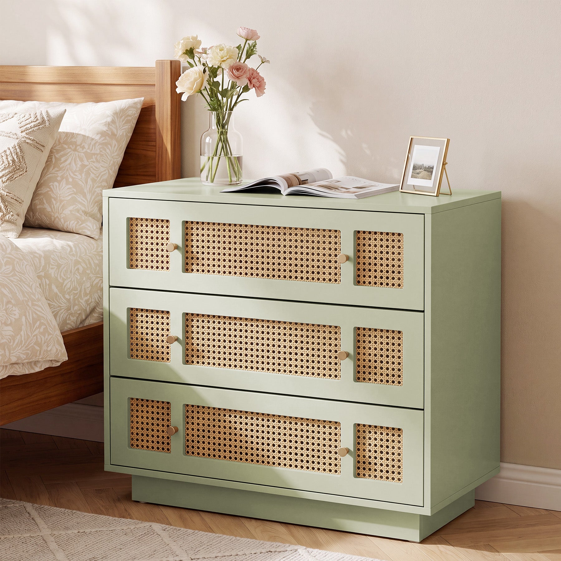 Tribesigns 31.5 Inch Rattan Nightstand with 3 Drawers, Oversized Bedside Table for Bedroom