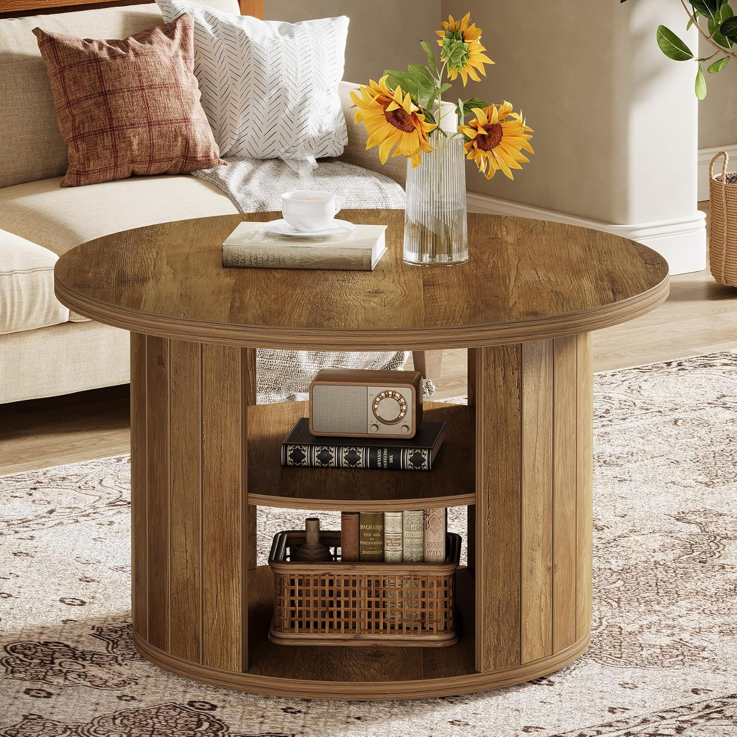 31.5" Round Rustic Storage Coffee Table - Small Circle Center Table with Shelf for Living Room