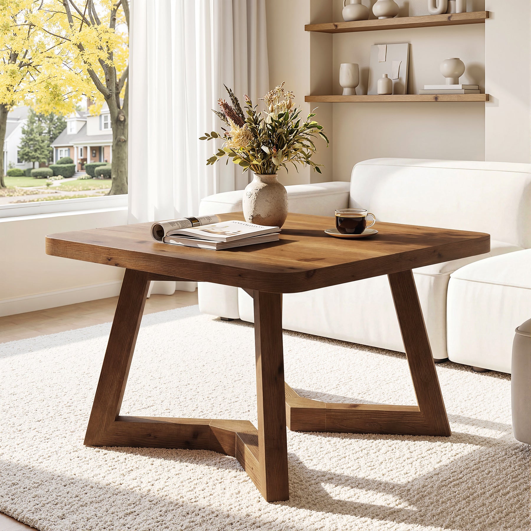 31.5 Inch Solid Wood Square Coffee Table, Farmhouse Center Table with Pedestal for Living Room