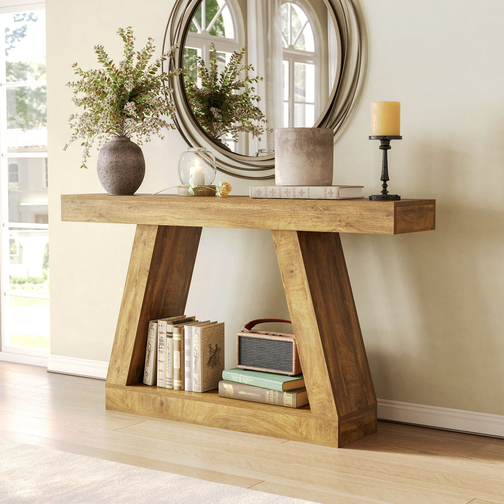 55 Inch Farmhouse Console Table Storage Natural Sofa Table Hallway Living Room