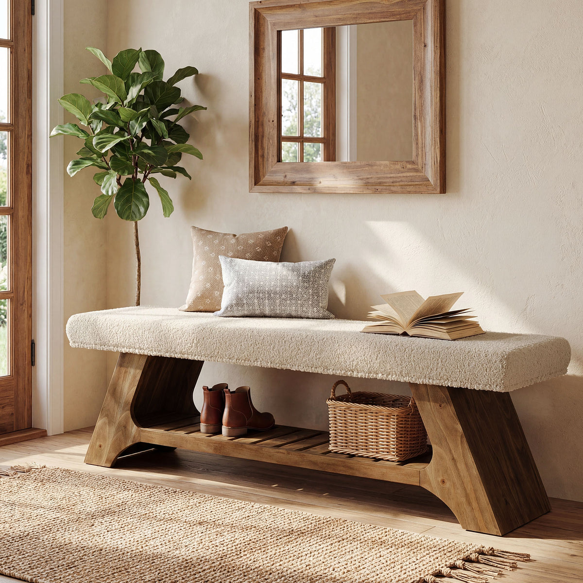 55" Solid Wood Storage Bench with Cushion, Upholstered Entryway Shoe Bench