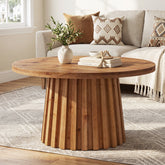 31.5 Inch Solid Wood Round Coffee Table with Fluted Drum Base, Farmhouse Accent Table for Living Room 3