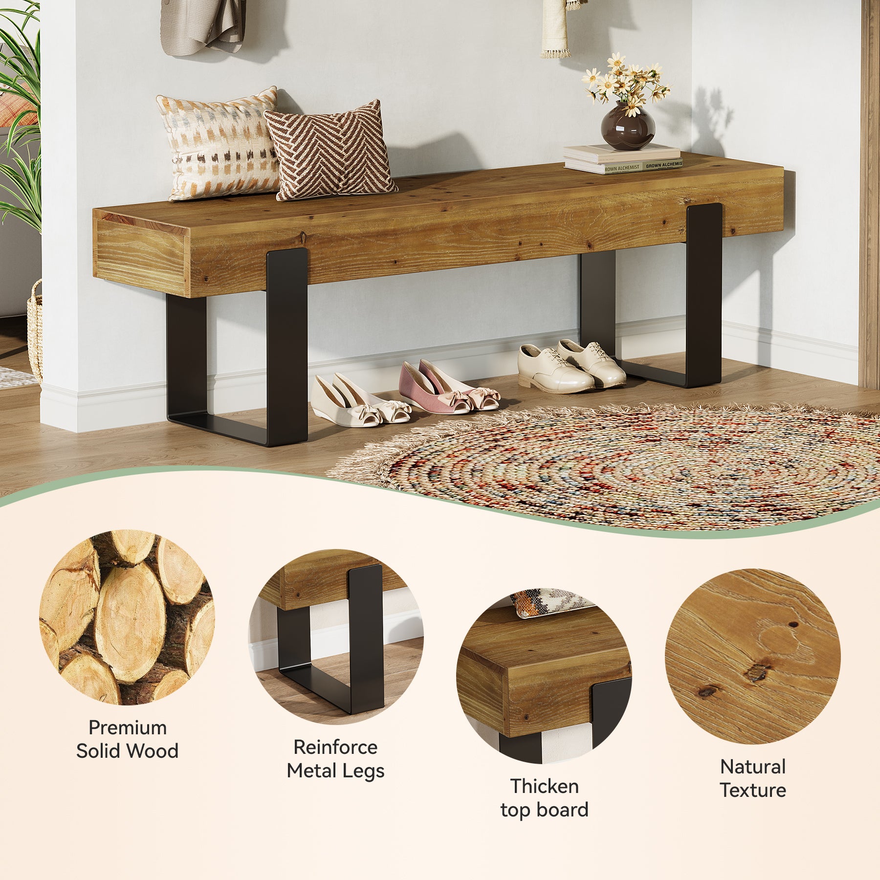 Tribesigns 63-Inch Solid Wood Entryway Bench, Farmhouse Shoe Bench with Metal Legs for Hallway