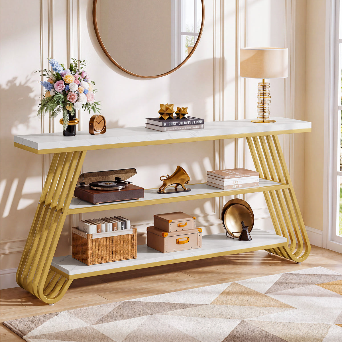 Tribesigns 70.9-Inch Faux Marble Console Table with Storage, Gold Sofa Table for Living Room