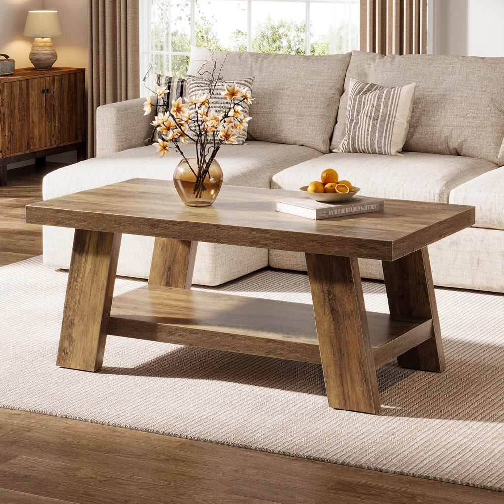 47" Rustic Farmhouse Coffee Table 2 Tier Rectangular Storage Center Table Living Room