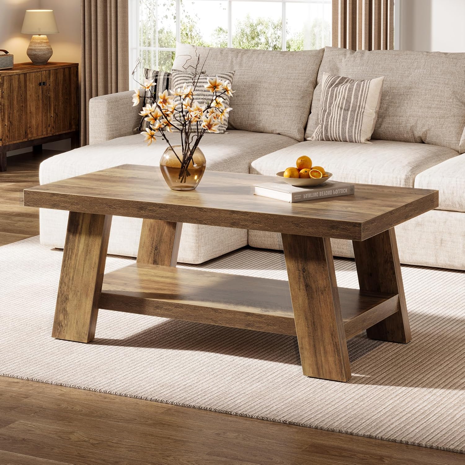 47" Rustic Farmhouse Coffee Table - 2-Tier Rectangular Storage Center Table for Living Room
