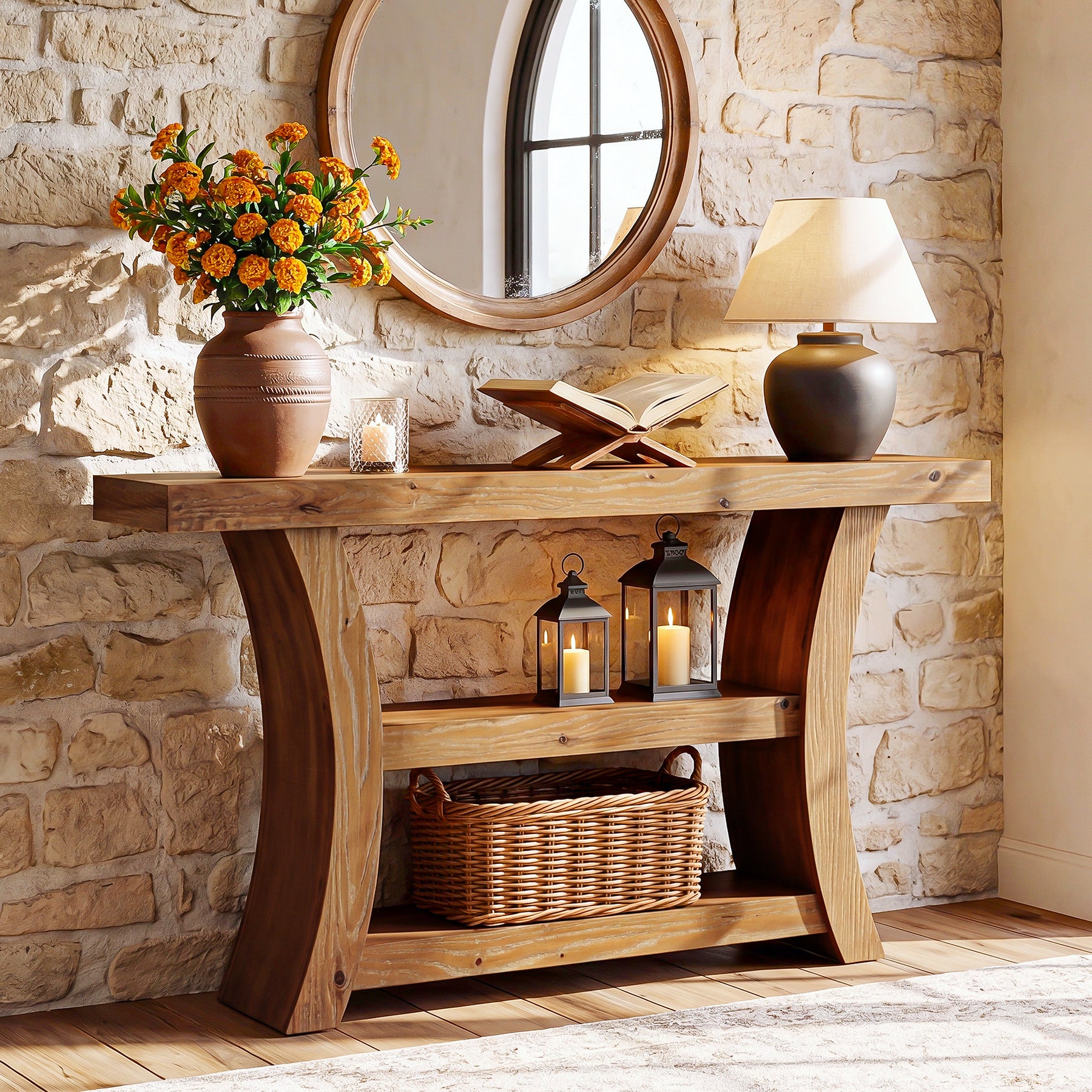 Tribesigns 55-Inch Solid Wood Console Table with 3-Tier Storage, Curved Entryway Table for Hallway