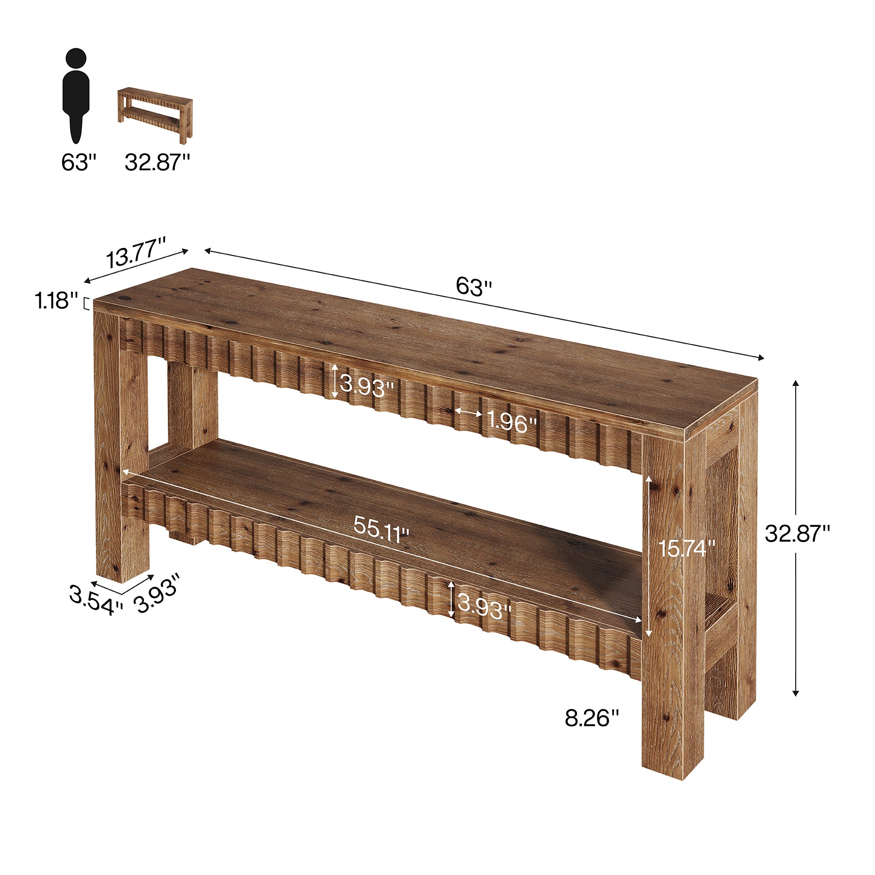 63" Console Table, Solid Wood Farmhouse Entryway Table with 2-Tier Storage