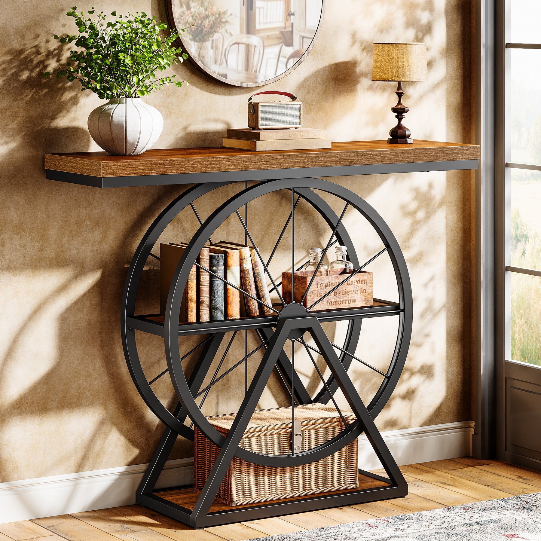 Tribesigns 39.4-Inch Industrial Console Table, 3-Tier Narrow Sofa Table with Wheels