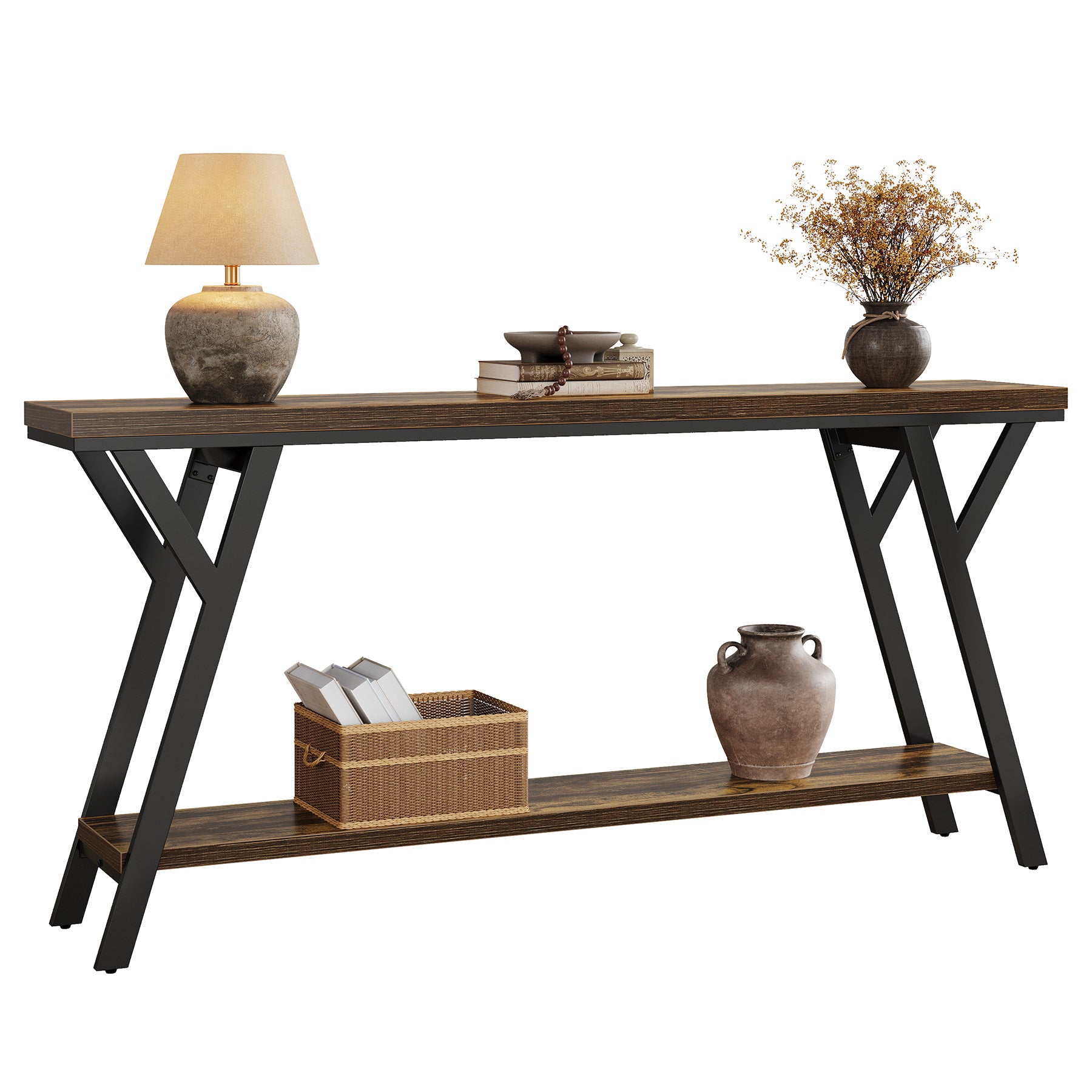 70.9" Industrial Console Table, Two-Tier Entryway Sofa Table in Rustic Brown