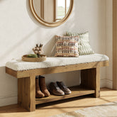 Tribesigns 47.2-Inch Farmhouse Entryway Bench with Storage Shelf, Solid Wood Upholstered Shoe Bench for Mudroom 3