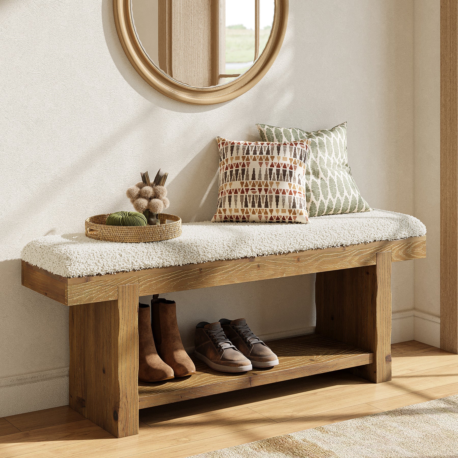 Tribesigns 47.2-Inch Farmhouse Entryway Bench with Storage Shelf, Solid Wood Upholstered Shoe Bench for Mudroom
