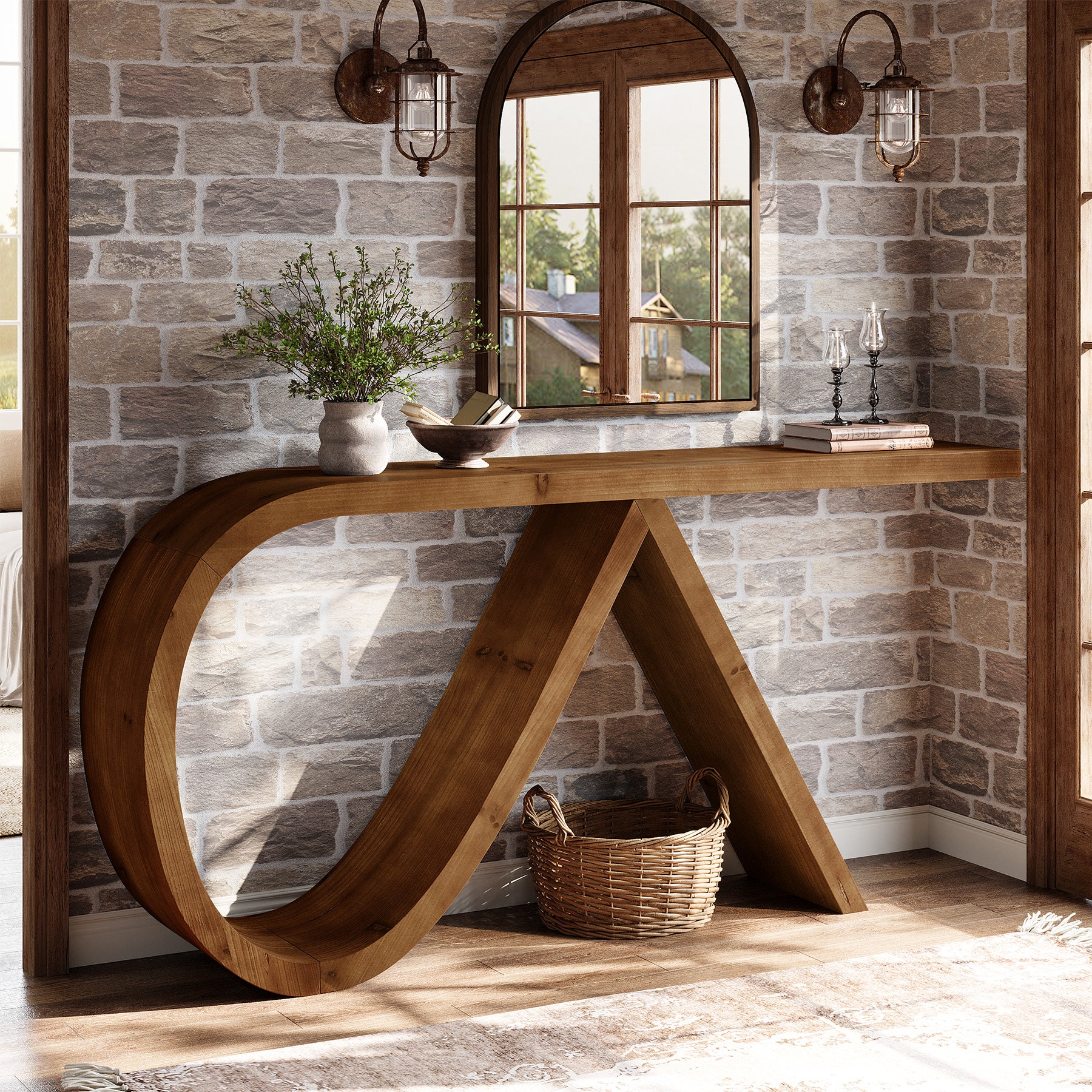 Tribesigns 57-Inch Curved Console Table, Solid Wood Sofa Table for Hallway