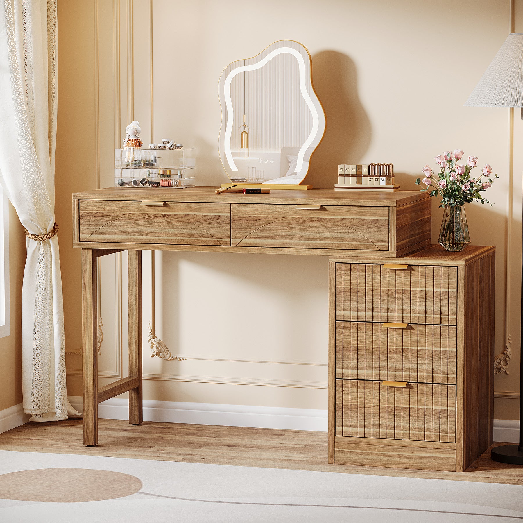 Makeup Vanity Desk with 5 Drawers, Reversible Dressing Table for Bedroom and Narrow Spaces (without mirror)