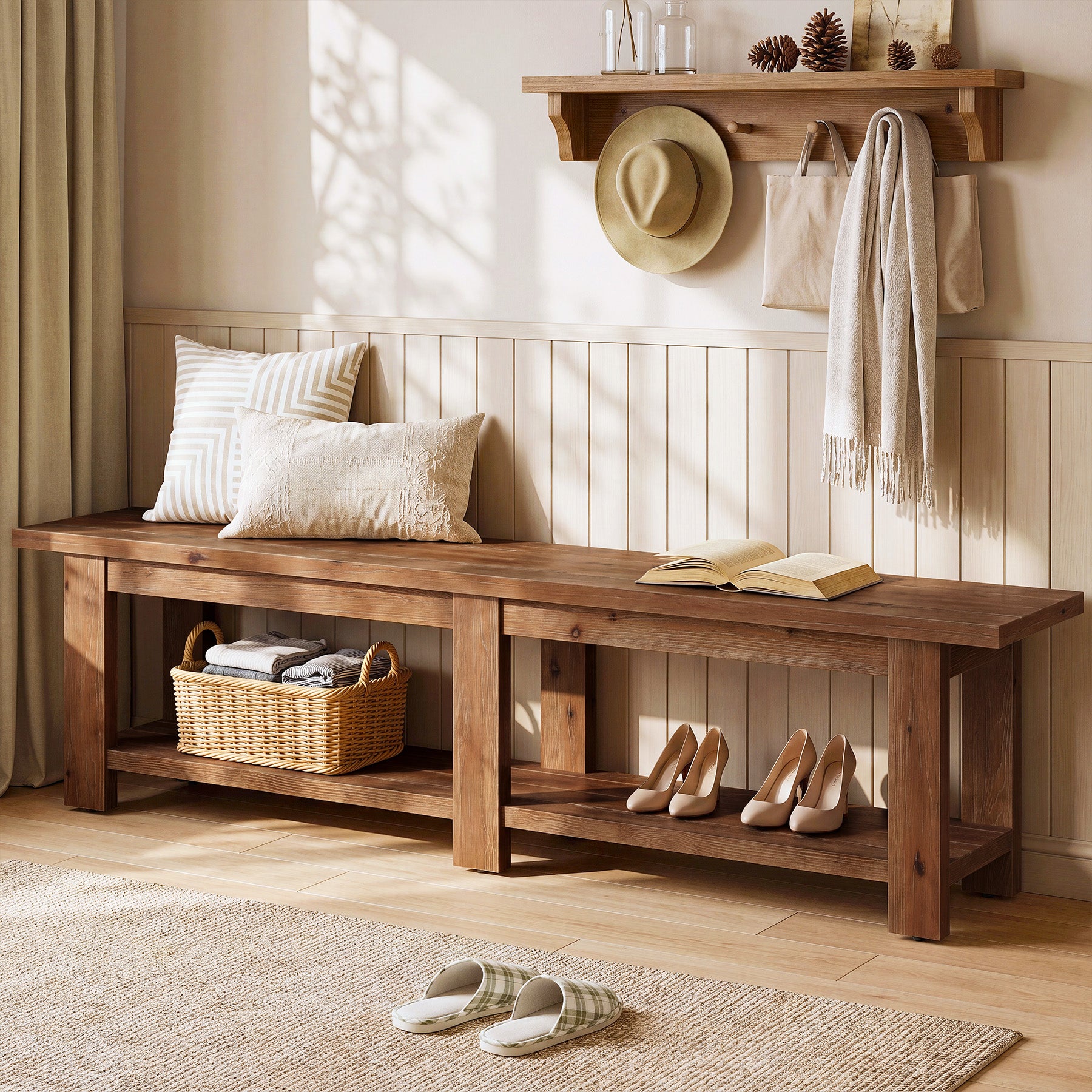Tribesigns 70.9-Inch Solid Wood Shoe Bench with Storage, Extra Long Farmhouse Bench for Entryway