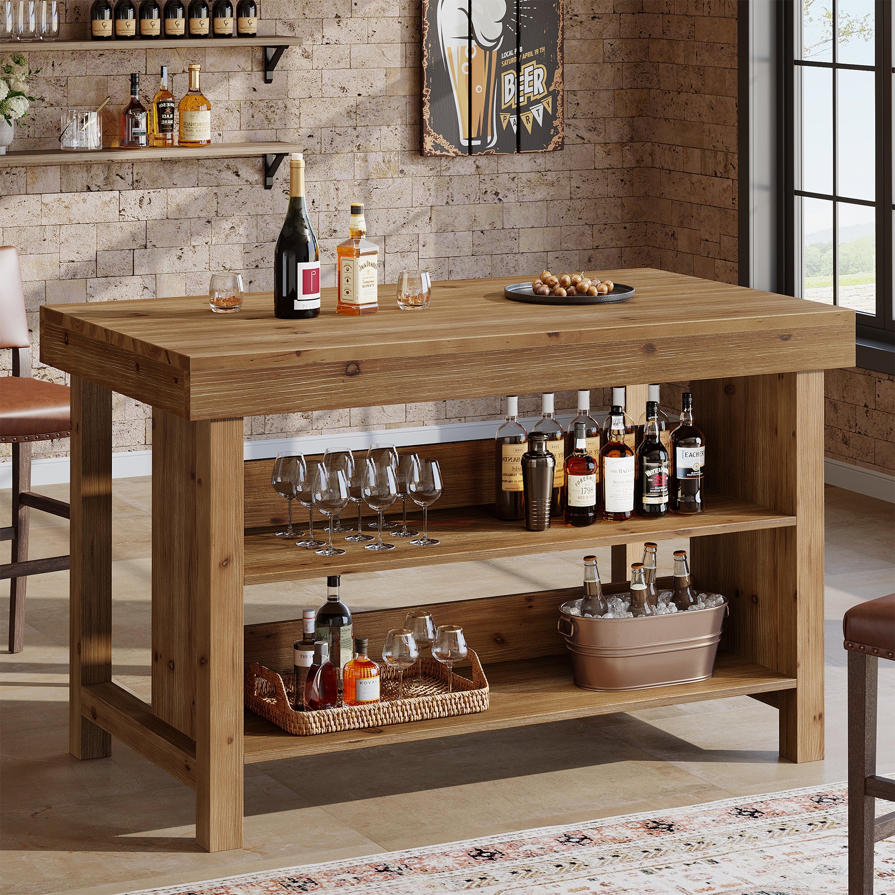 Tribesigns 55-Inch Solid Wood Bar Table with 3-Tier Open Storage Shelves, Farmhouse Counter Height Pub Table
